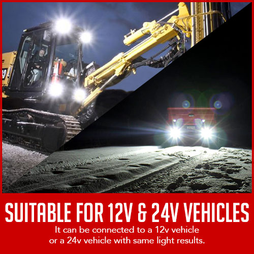 worklights on heavy machinery, with caption "suitable for 12V & 24V vehicles"
