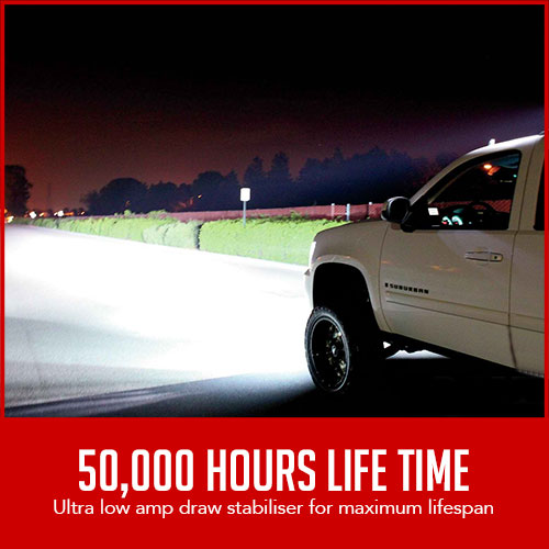 worklight used on truck at night, with caption 50,000 hours life time