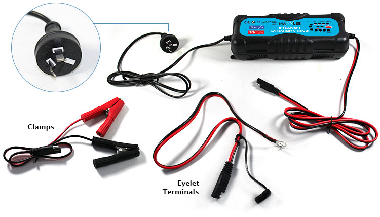 clamps, eyelet terminals and maxxlee car battery charger with close up of aus plug