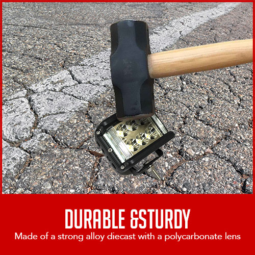 sledgehammer used on LED headlight with caption "durable & sturdy"