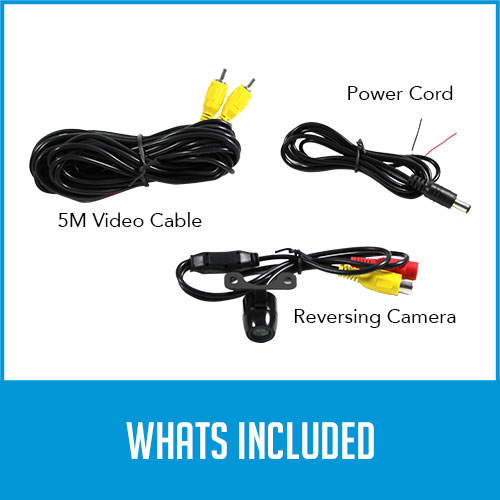 5m video cable, reversing camera, power cord labelled "what's included"