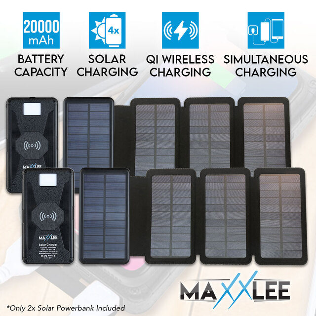 Maxxlee 2x 20000mAh 4 Solar Panel Power Bank Qi Wireless Battery Charger Dual USB Type C