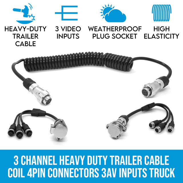 Elinz 3 Channel Heavy Duty Trailer Cable Coil 4PIN Connectors Truck Caravan 3 AV Inputs