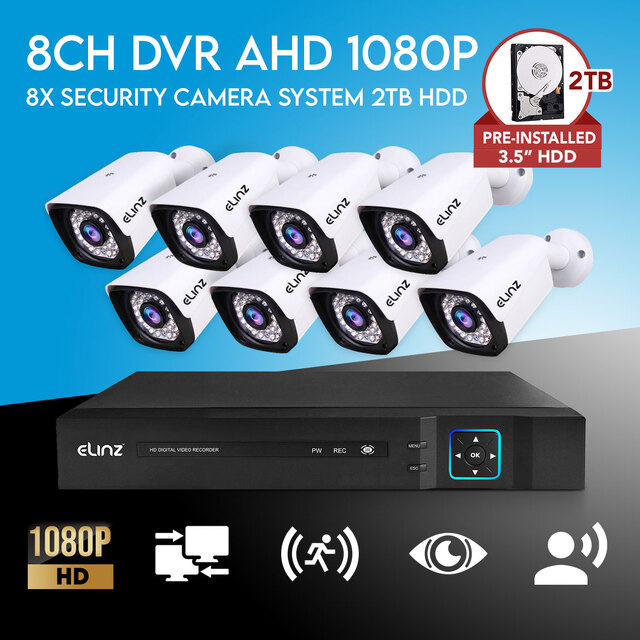 Elinz 8CH AHD 1080P HD Video & Audio Recording CCTV Surveillance DVR 8x Outdoor Bullet Security Camera System 2TB HDD