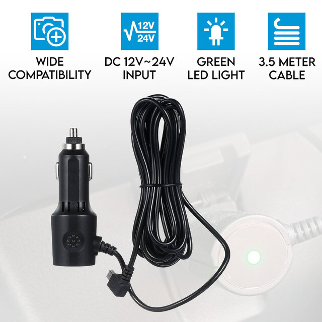 Elinz Car Charger for Dash Camera Video DVR Recorder Power Cord Micro USB 3.5m 12V 24V