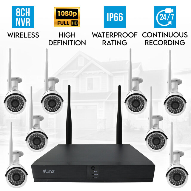 Elinz  8CH CCTV Wireless Security System 2MP IP WiFi 8x Camera 1080P NVR No Hard Drive