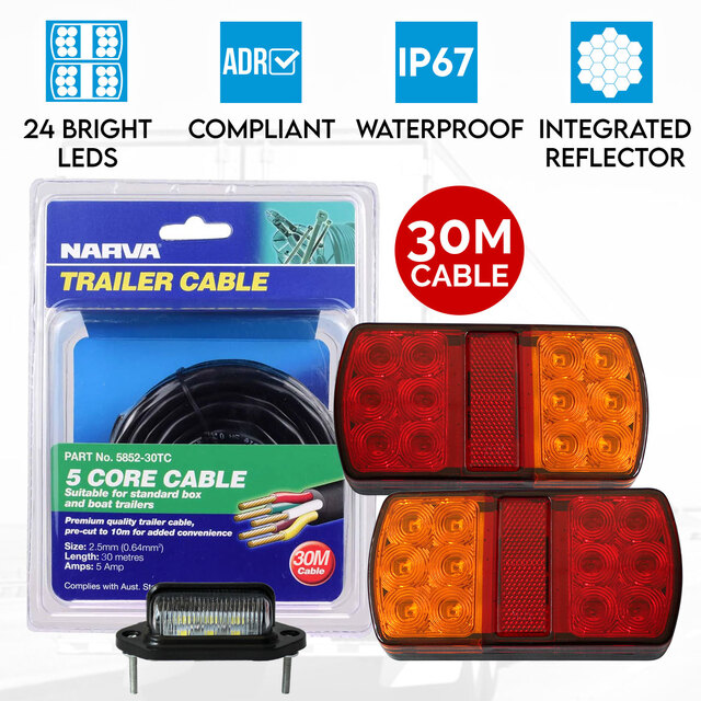 Elinz 2x LED Tail Lights Stop Turn Indicator Number Plate Light 12V Trailer Caravan 30M Narva 5 Core Trailer Cable