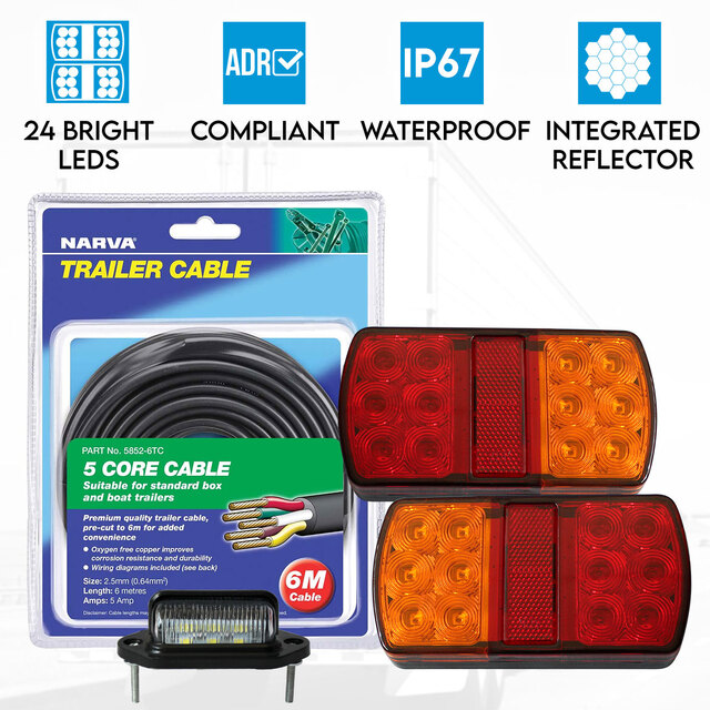 Elinz 2x LED Tail Lights Stop Turn Indicator Number Plate Light 12V Trailer Caravan 6M Narva 5 Core Trailer Cable