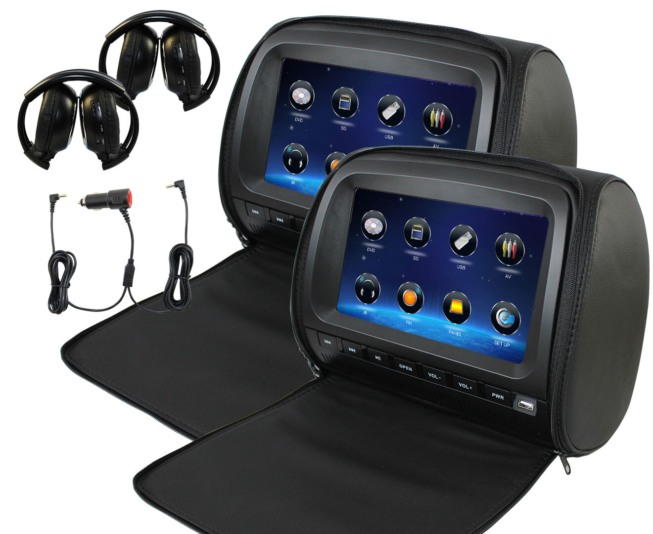 2x 9" Full HD 1080P Touch Screen Car Headrest DVD Player Monitor Pillow ...