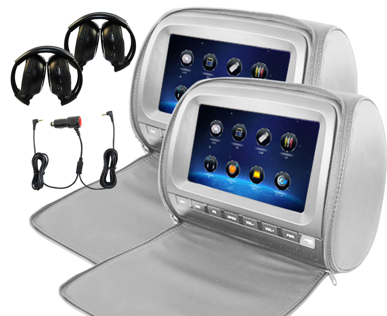 2x 9" Full HD 1080P Touch Screen Car Headrest DVD Player Monitor Pillow