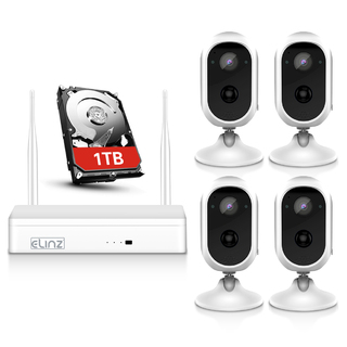 Elinz 4CH Wireless Wire-free Home Battery Security 1080P HD WiFi 4x Camera CCTV System NVR Indoor Outdoor 1TB HDD 