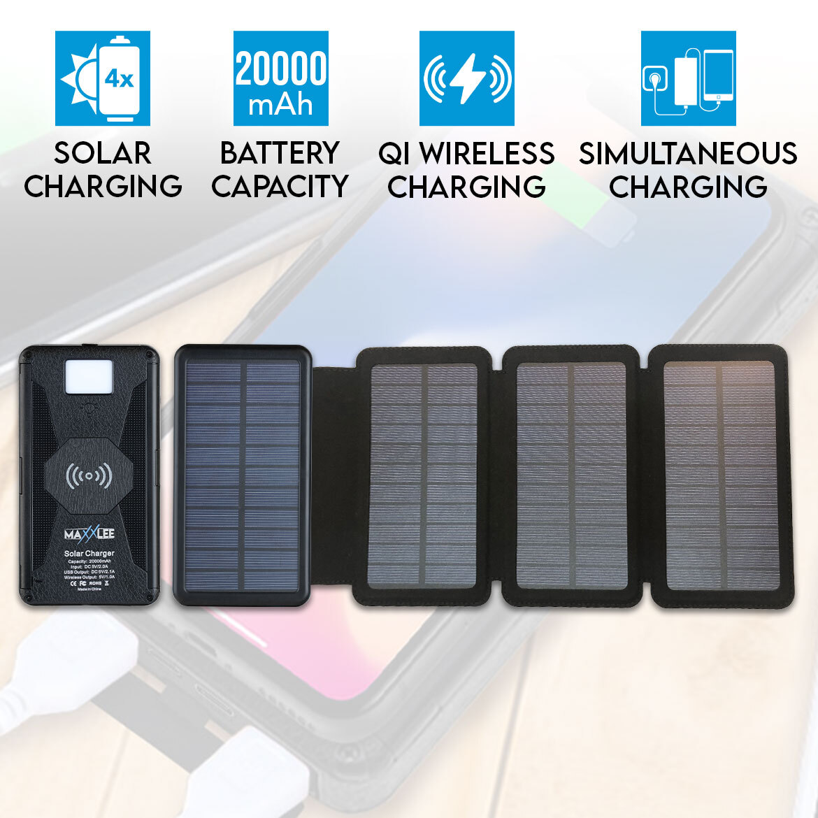20000mAh Power Bank Qi Wireless Charging 4 Solar Panels