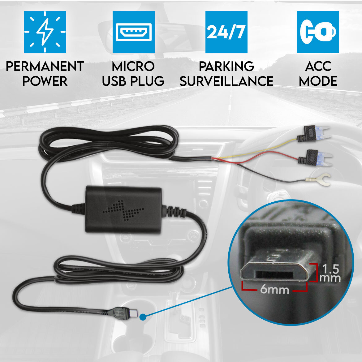 Car Dash Cam Hardwire Charger Adapter, Fuse Kit USB