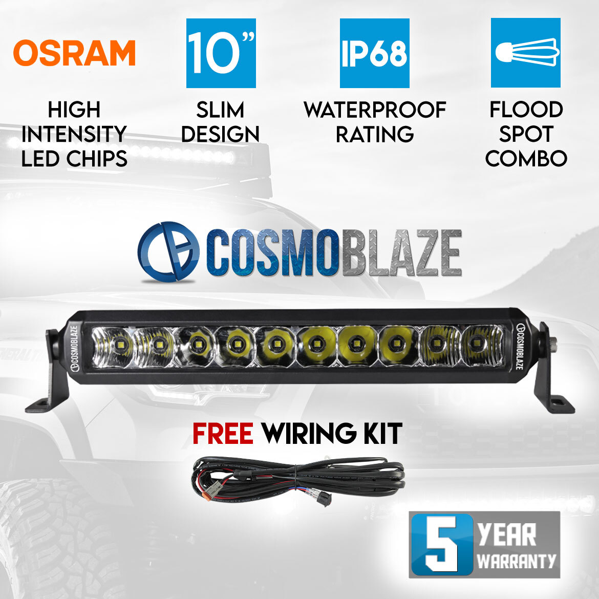Cosmoblaze 10 Inch Osram LED Light Bar Driving 1 Row Flood Spot Combo Beam