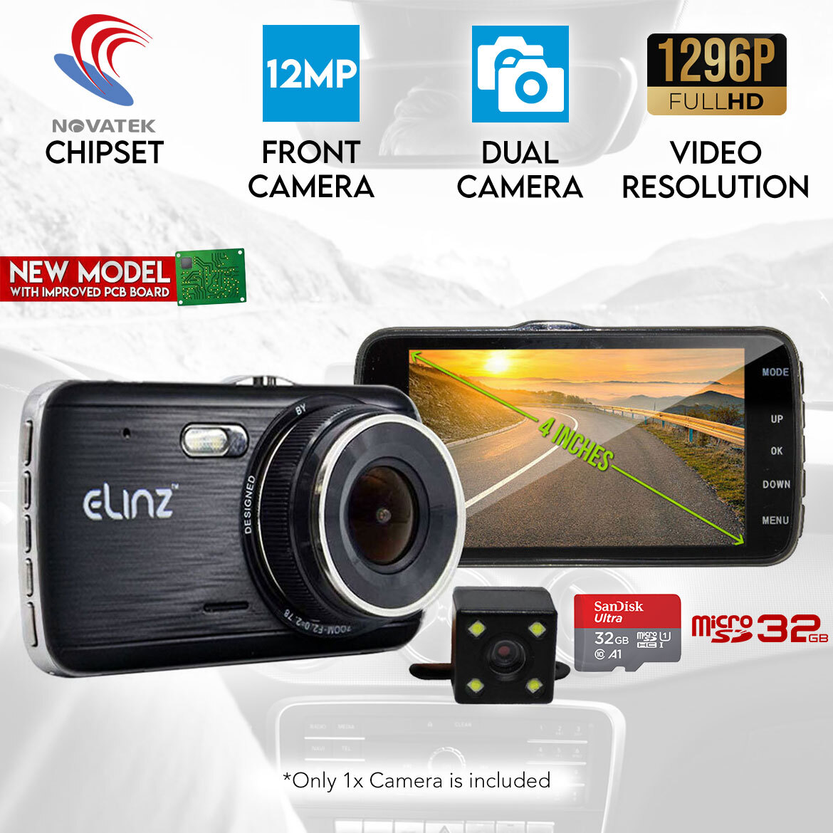 1080P HD Dual Camera Car Video Lens Dash Cam Recorder 2 inch screen 3 way+32GB