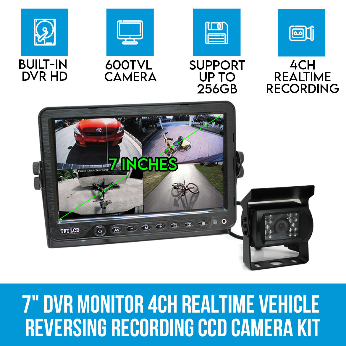 7" Car Monitor W/CCD 4X Camera For Truck Van Bus 4CH Car DVR Video Recorder Box 