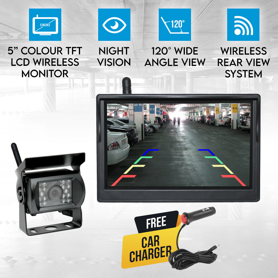 Wireless Car Rear View Kit 5" LCD Monitor HD IR Night Vision Reversing Camera