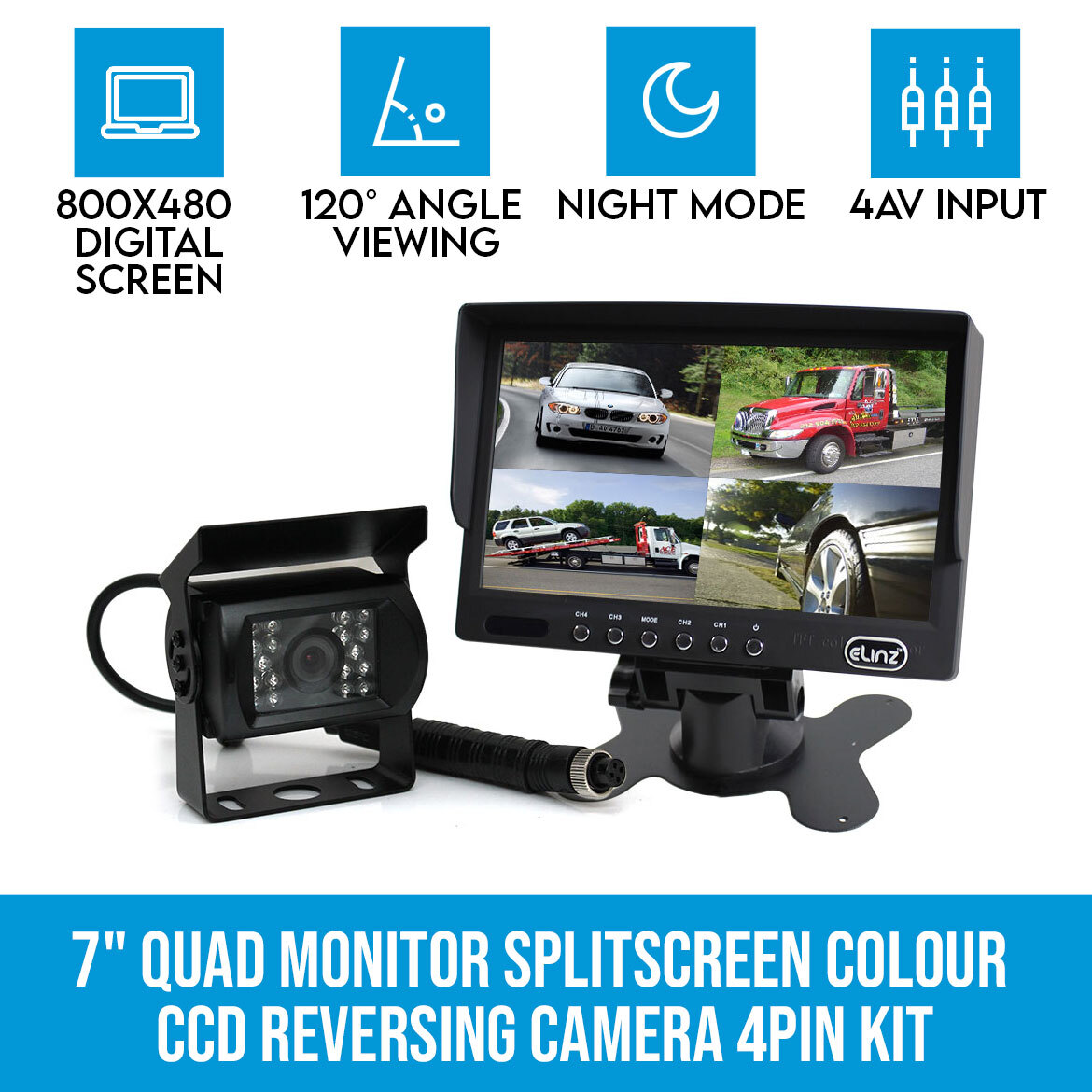 24V 12V 2 CCD Reversing Rear View Camera 4-PIN 7" Split QUAD Monitor Caravan Kit 