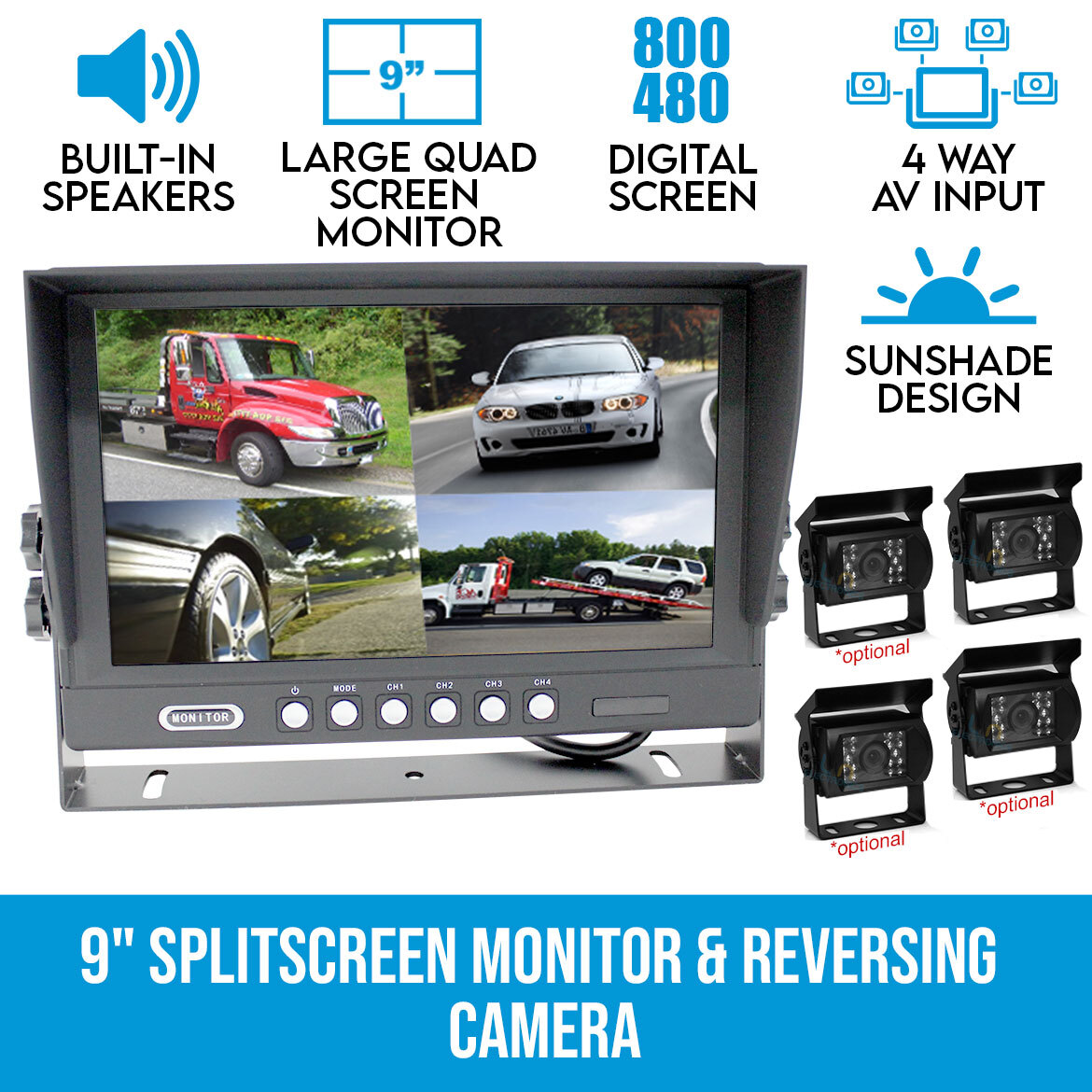 4 Channel 4PIN 9" 4 Split Quad Screen Car Rear View Monitor For Reversing Camera