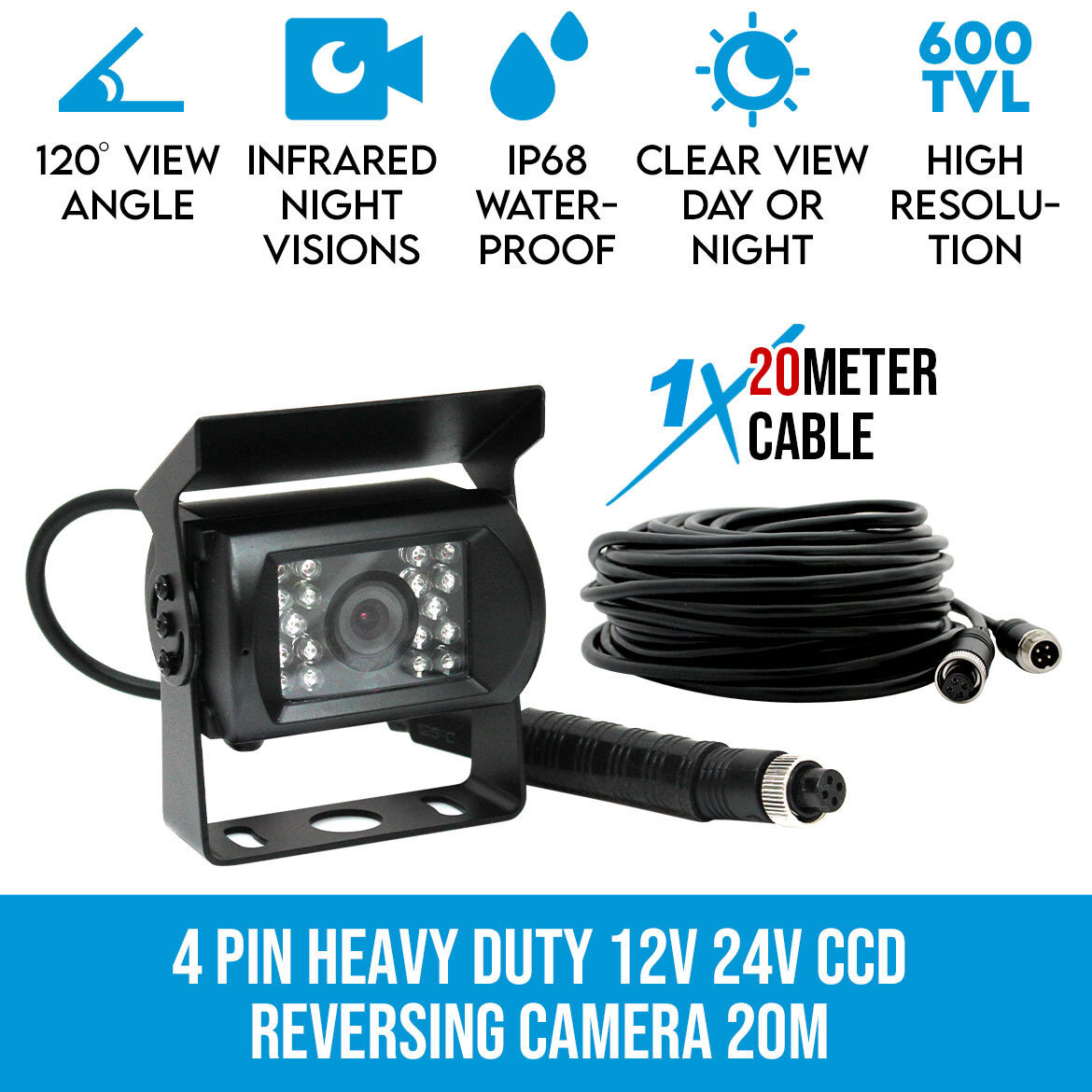 5M 4 PIN Heavy Duty 12V 24V CCD IR Night Vision Colour Reverse Rear View Camera 
