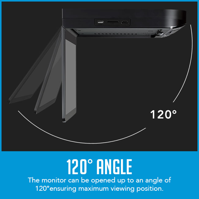roof mount flip down car dvd player with caption "can be opened up to 120° angle "