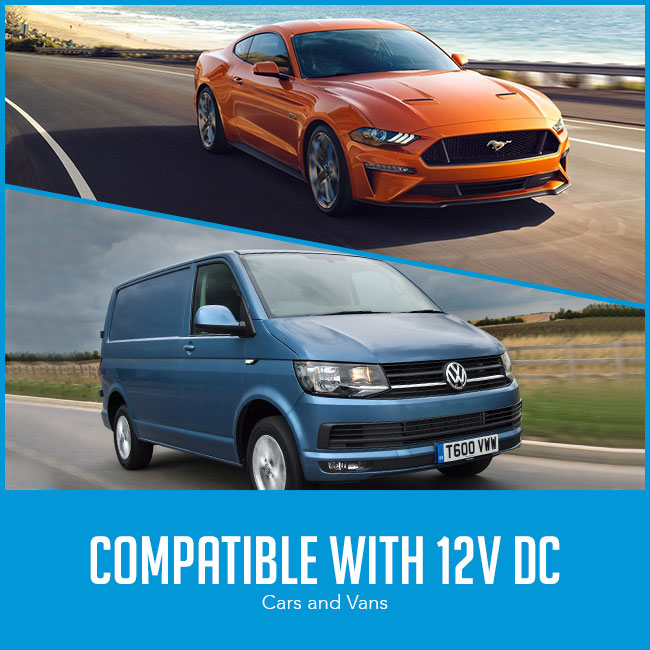 van and sedan in picture with caption compatible with 12V DC