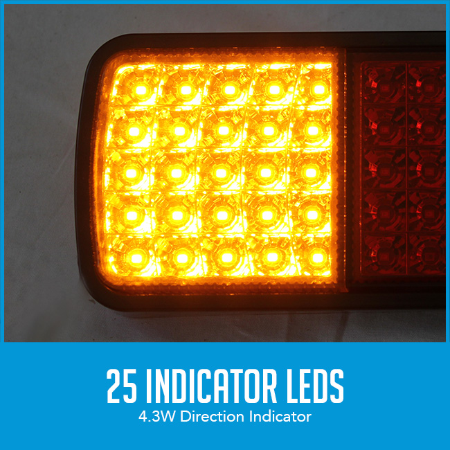 indicator lights on led tail light with caption "25 indicator leds"