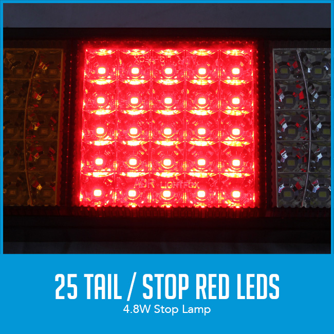 led tail light stop close-up with caption "25 stop red leds"