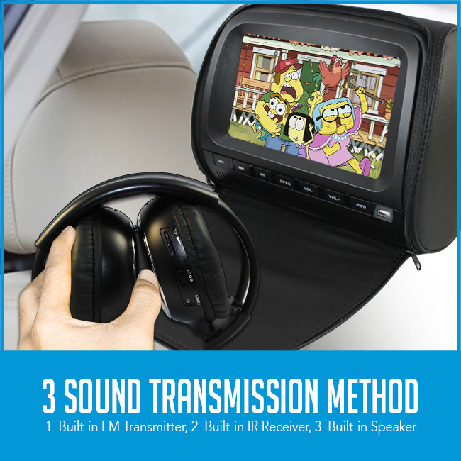 wireless headphones used with car dvd player with caption "3 sound transmission method"
