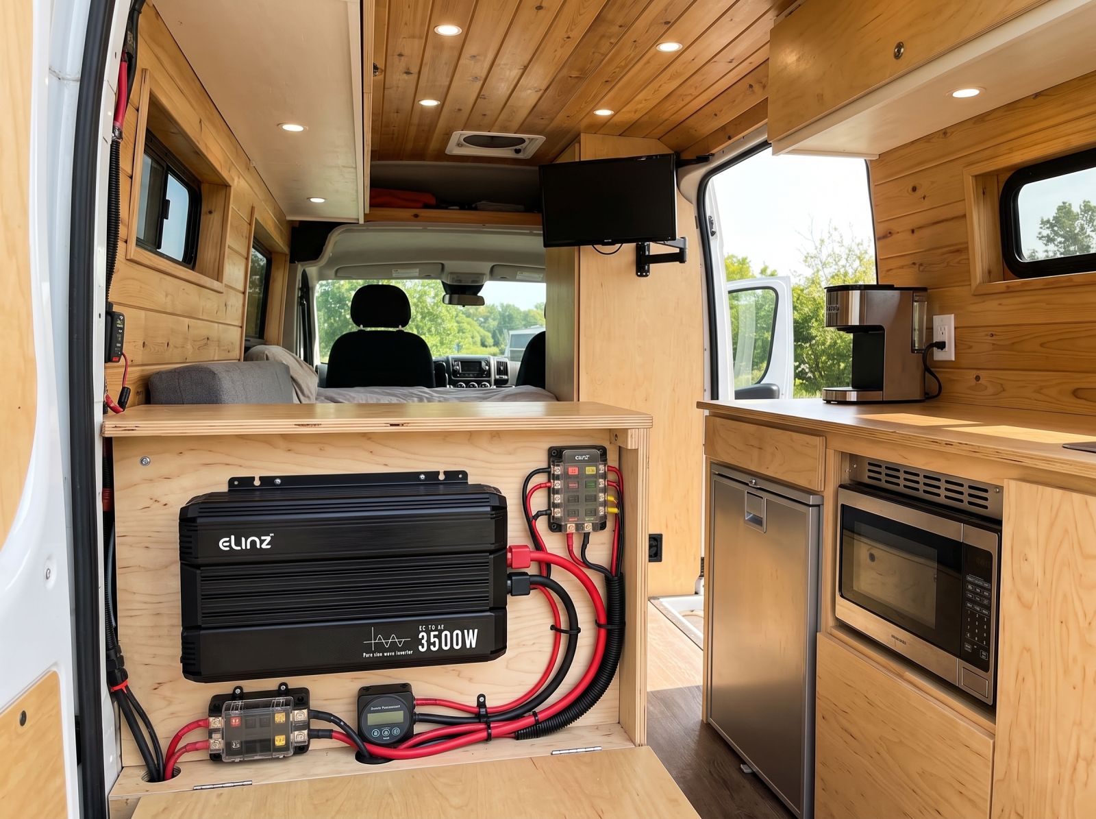 3500W pure sine wave inverter installed in a camper van electrical system beside the kitchen area.