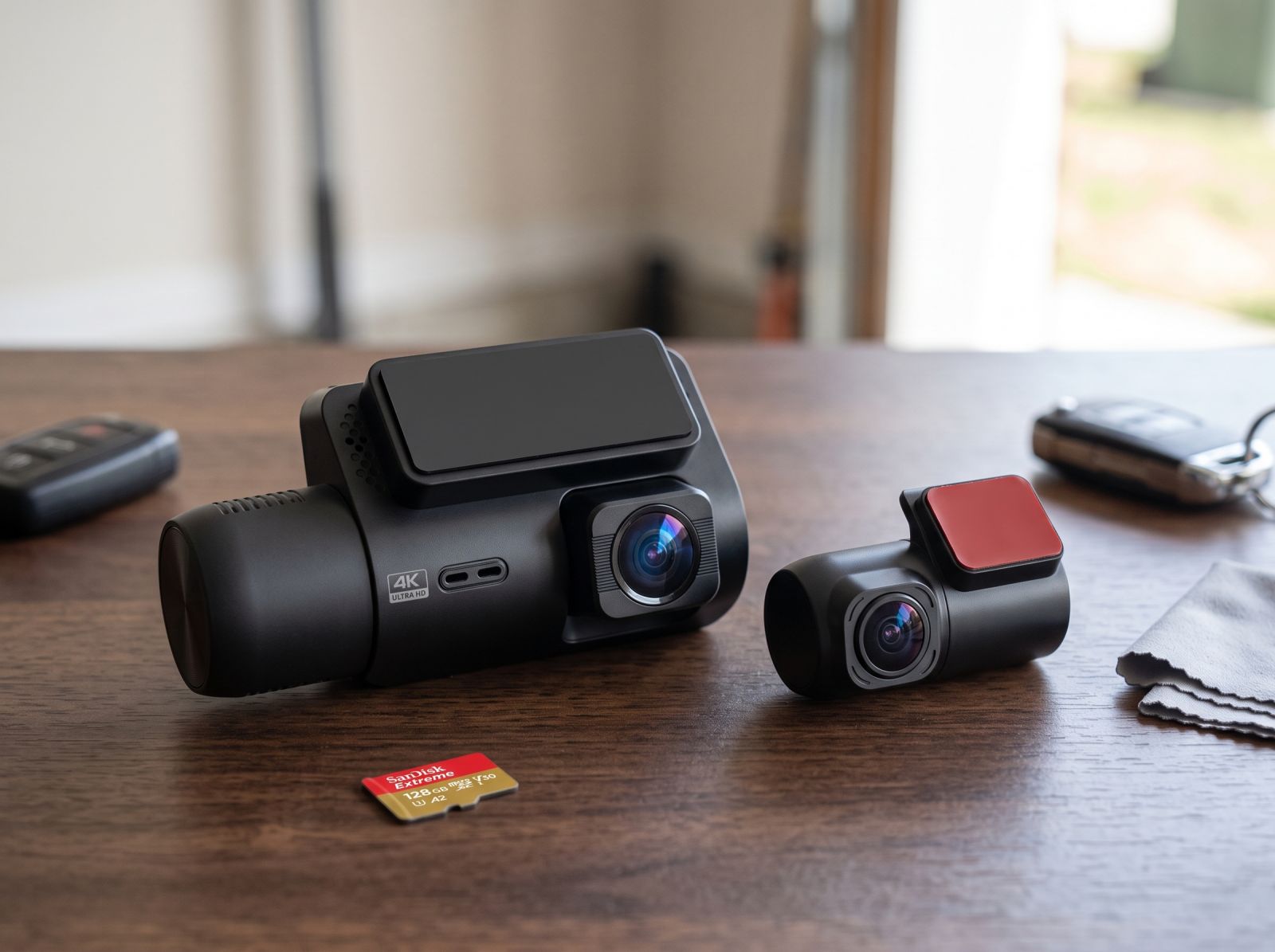Black dash cam mounted on a car windshield beside the rearview mirror, with a built-in screen displaying recorded road footage.