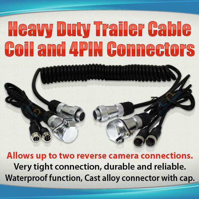 trailer cable connectors with caption "allows up to two reverse camera connections"