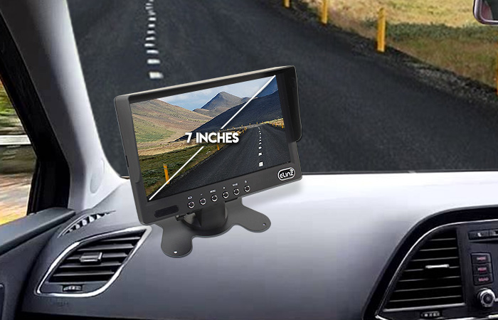 reversing camera monitor mounted on dashboard with caption "7 inches"