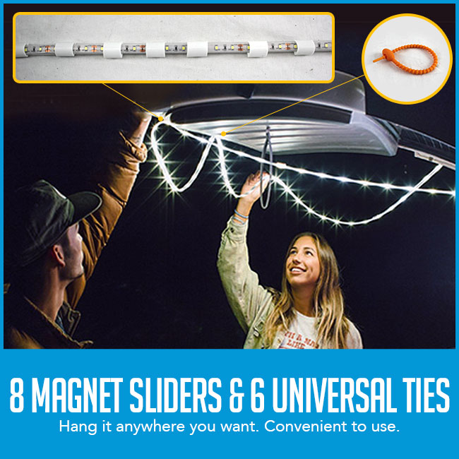 led light bar strip being set up by man and woman captioned "8 magnet sliders, 6 universal ties
