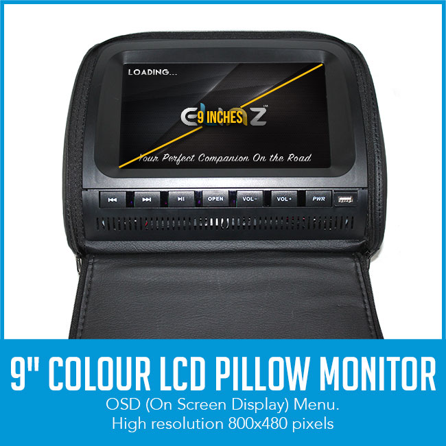 headrest car dvd player with caption "car pillow monitor"