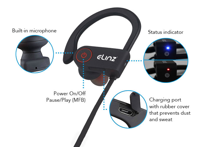 power on button and charging port on bluetooth earphone