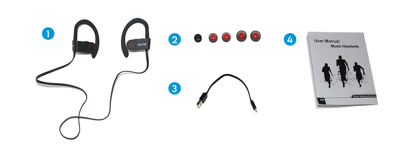 bluetooth earphones, user manual, user buds with caption "what's included"