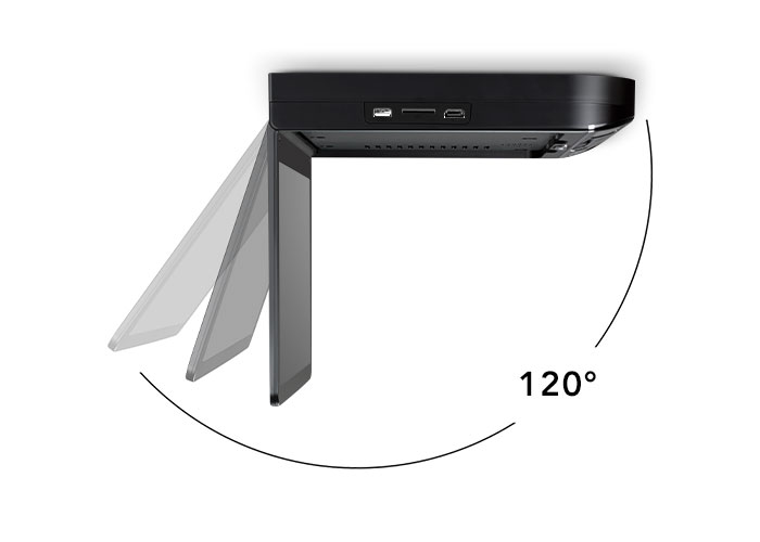 roof mount flip down car dvd player with caption "can be opened up to 120° angle