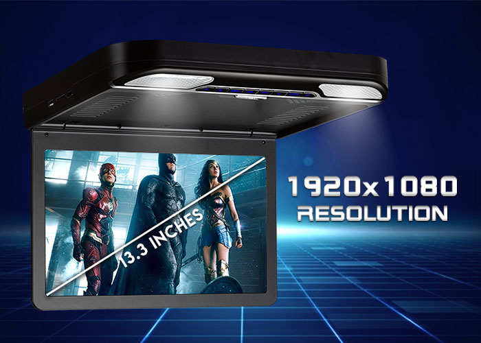 roof mount flip down car dvd player with dimensions, 13" across, 1080p resolution.