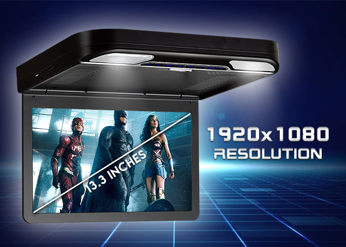 roof mount flip down car dvd player with dimensions, 13" across, 1080p resolution.