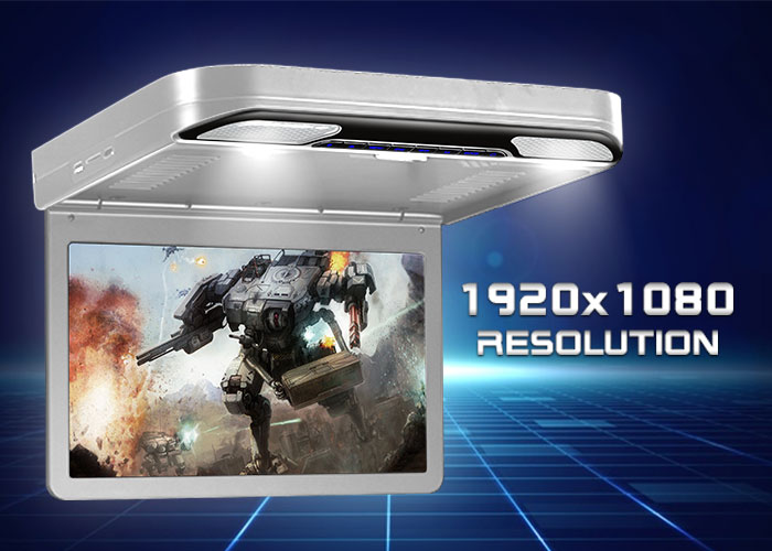 roof mount flip down car dvd player with dimensions, 13" across, 1080p resolution.