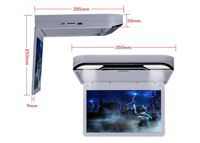 roof mount flip down car dvd player dimensions, 350mm width, 250mm height, 285mm length, screen 9mm thick