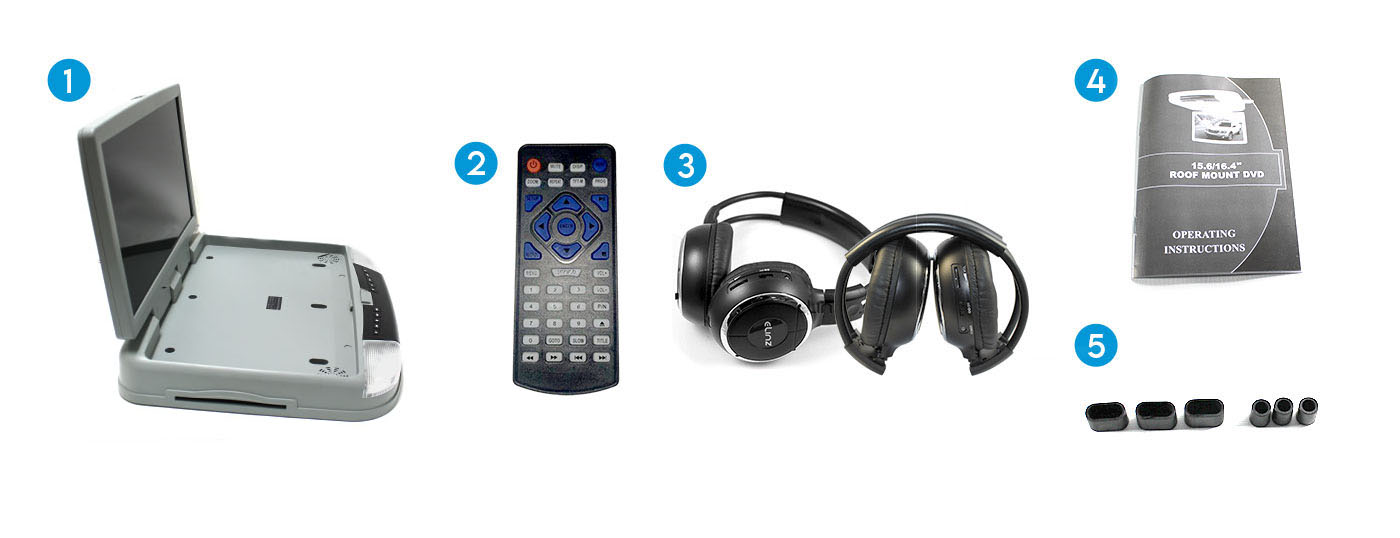roof mount flip down dvd player with game disc, cables, remote control game pad, 2 wireless headphones