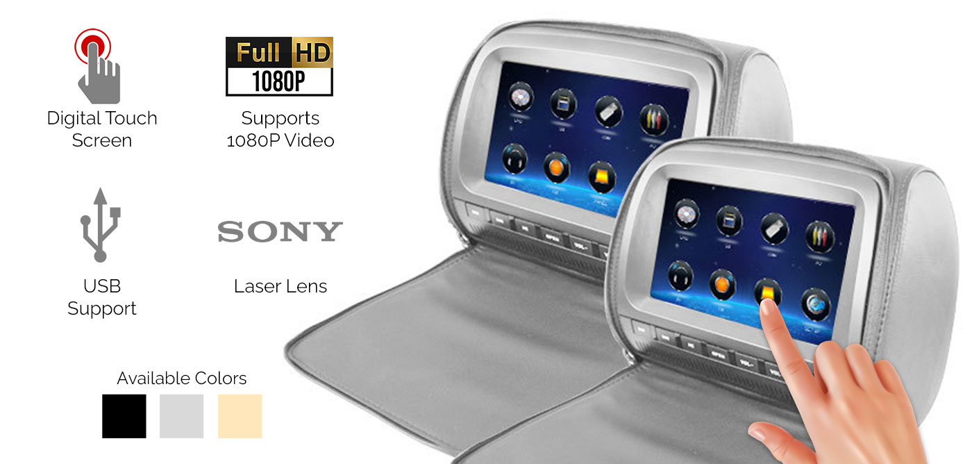 2x 9" Full HD 1080P Touch Screen Car Headrest DVD Player Monitor Pillow ...