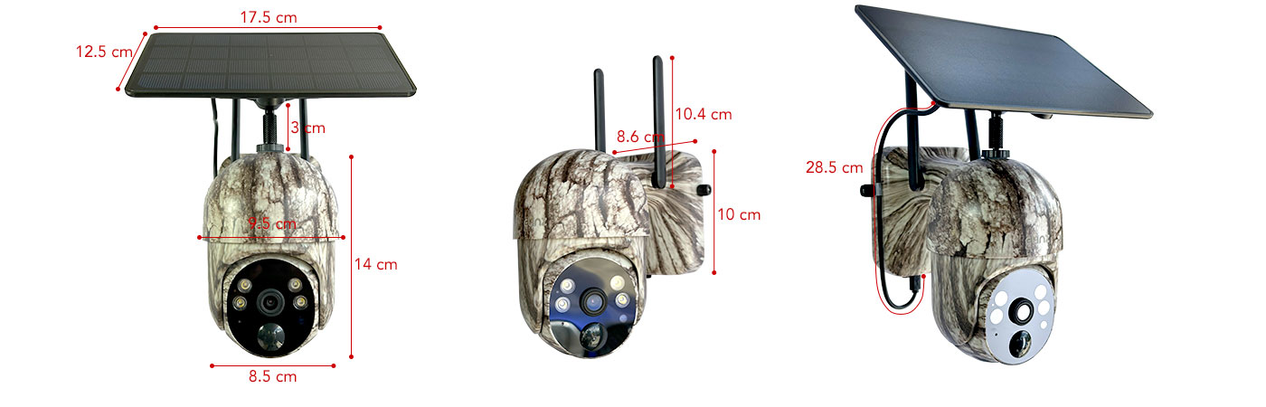 Solar 4G CCTV PTZ Camera Views and Dimensions