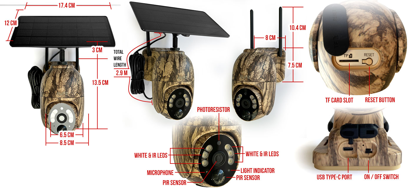 Solar 4G CCTV PTZ Camera Views and Dimensions