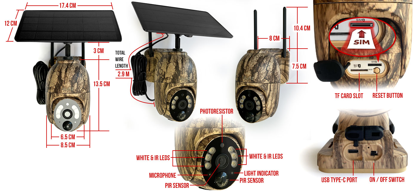 Solar 4G CCTV PTZ Camera Views and Dimensions