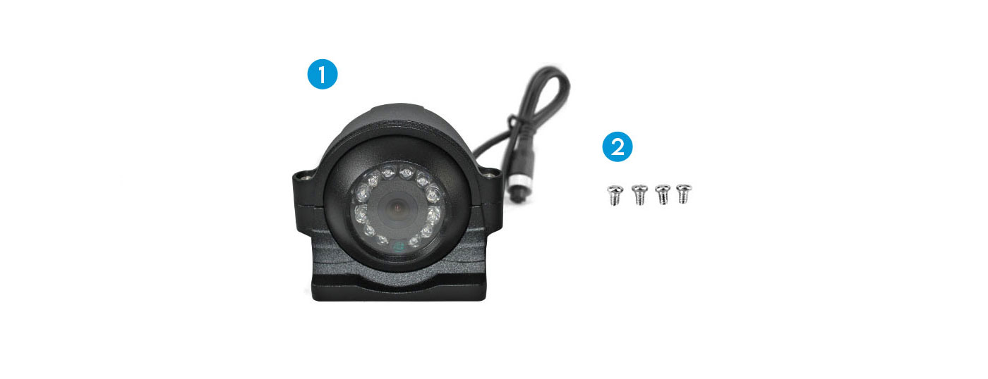 reversing camera, 4pin cable, screws with caption "what's included"