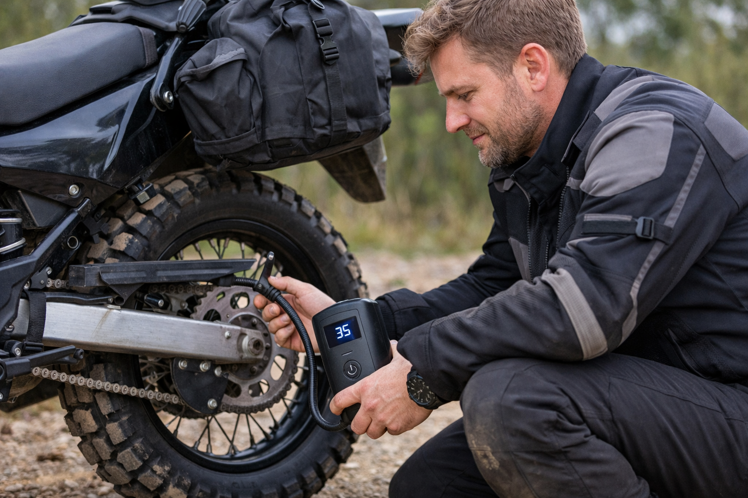a man using a battery operated tyre pump on his motorcycle