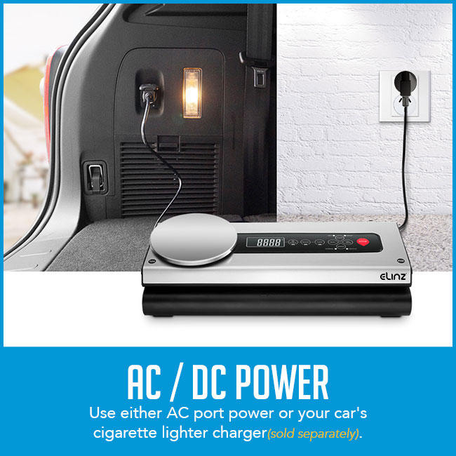 food vacuum sealer cord being charged on car with caption "AC/DC power"